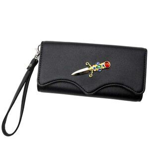 Elvira Dagger Black Trifold Wallet Vegan Leather Many Card Slots Wriststrap NWT